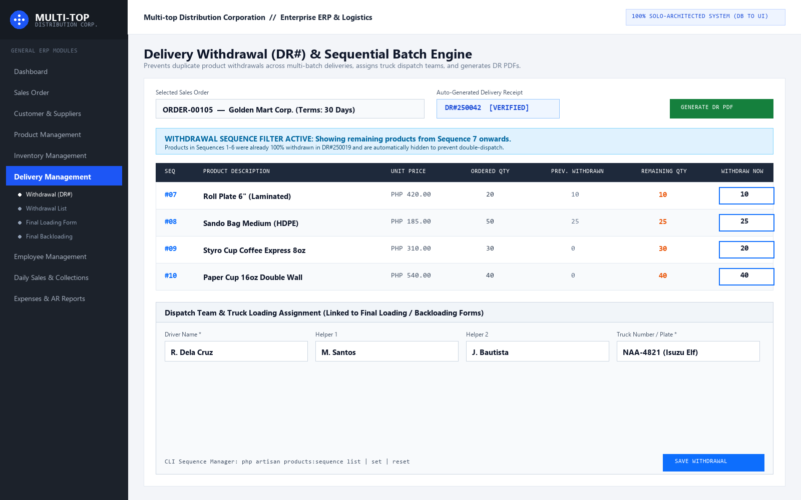 Multi-top Sequential Delivery Withdrawal (DR#) & Dispatch Team Engine
