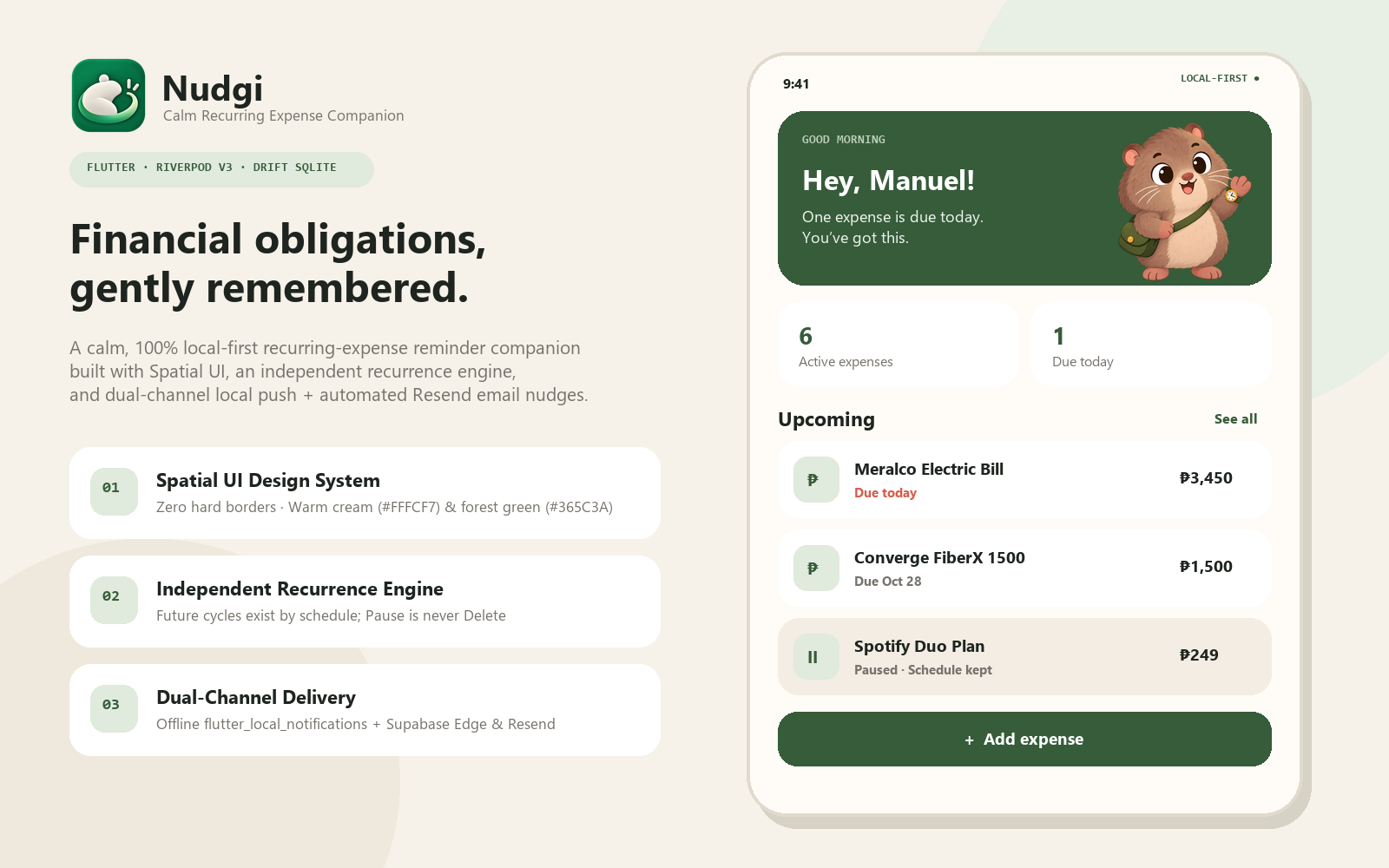 Nudgi Spatial UI Home Screen & Recurrence Overview