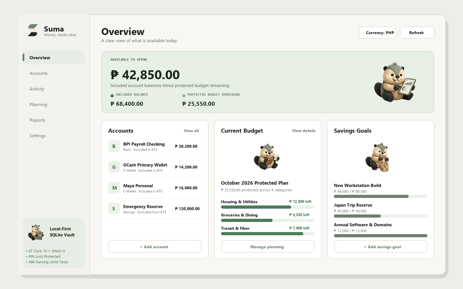 Suma WinUI 3 Overview & Available to Spend Dashboard